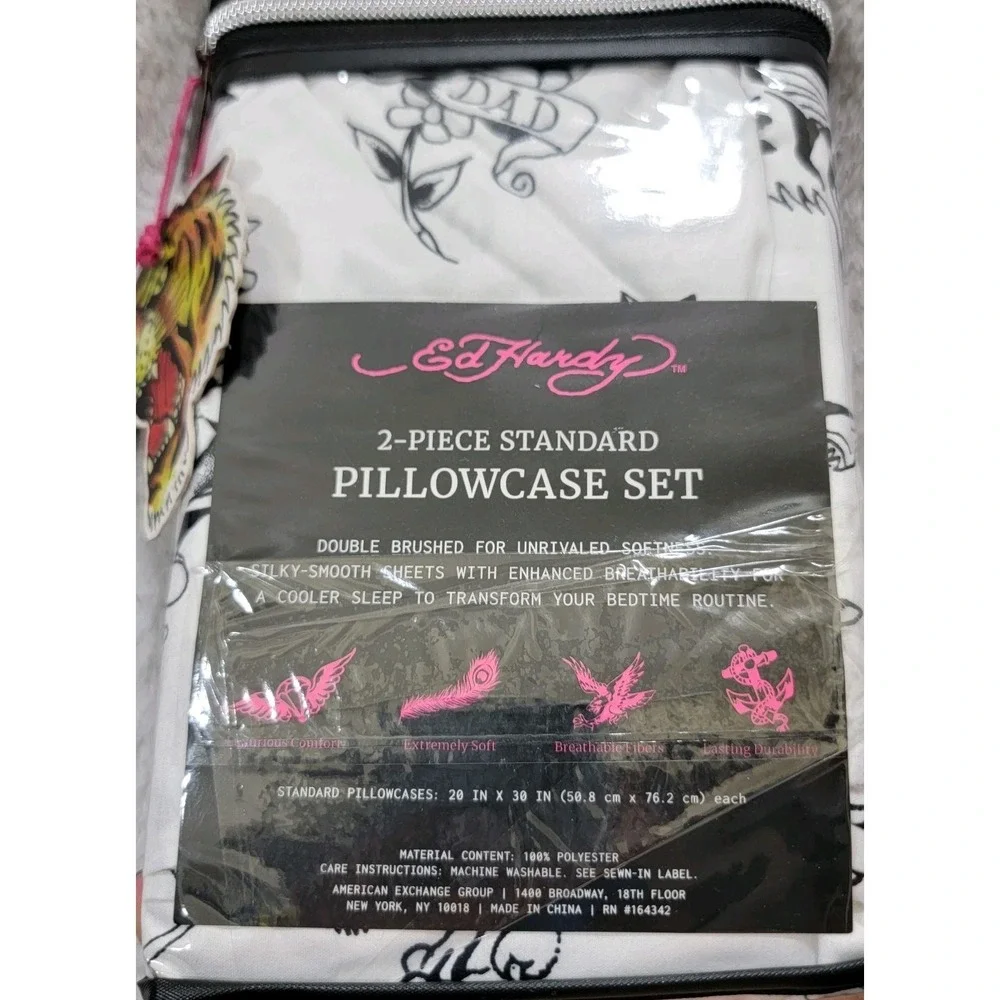 NEW Ed Hardy 2 Piece Standard‎ Pillowcase Set Tattoos Tiger Skull Black White